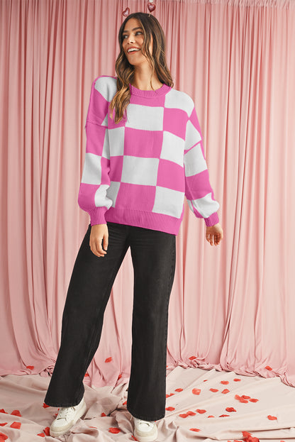 Dark Brown Plaid Bishop Sleeve Pullover Sweater
