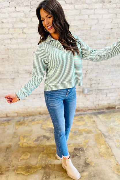 Green Stripe Quarter Zip Collar Long Sleeve Top