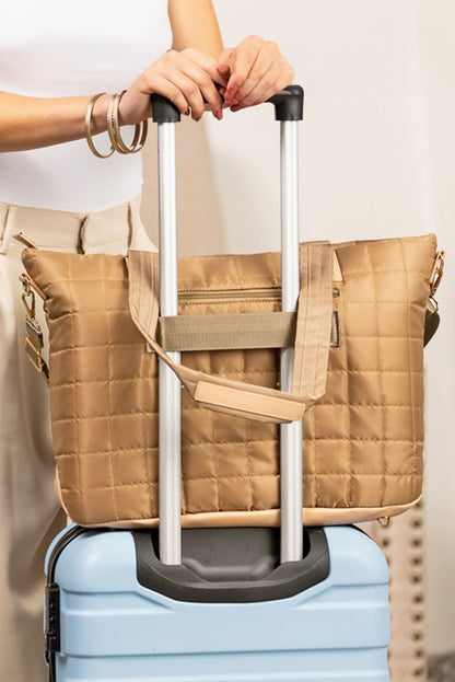 Camel Quilted Patchwork Large Tote Bag and Clutch 2pcs Set