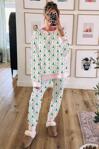 Green Bow Christmas Tree Print Contrast Striped Trim 2pcs Lounge Set