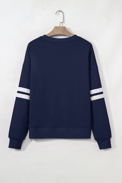 Navy Blue Game Day Chenille Checkered Letter Patch Application Oversized Varsity Sweatshirt