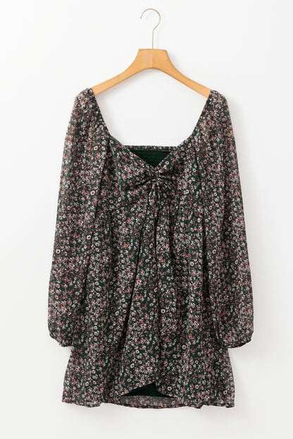 Green Ditsy Floral Print Sweetheart Neck Smocked Back Mini Dress