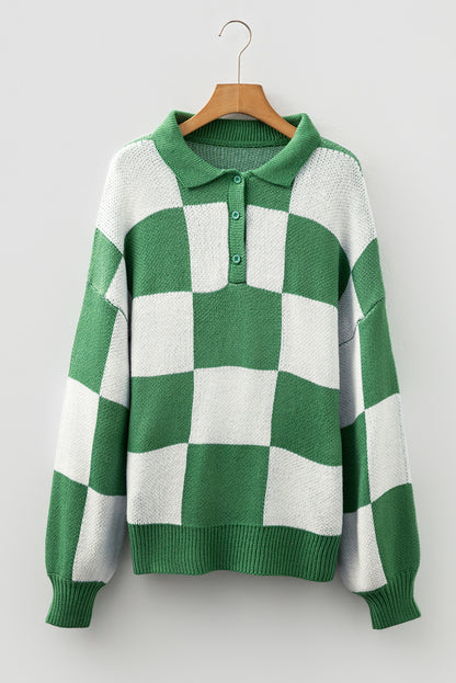 Light French Beige Checkered V-Neck Collared Pullover Sweater