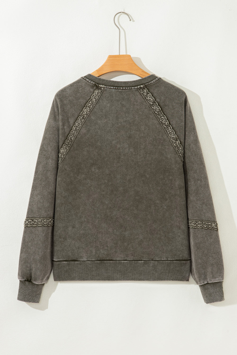 Jungle Green Lace Applique Notched Neck Mineral Wash Baggy Sweatshirt