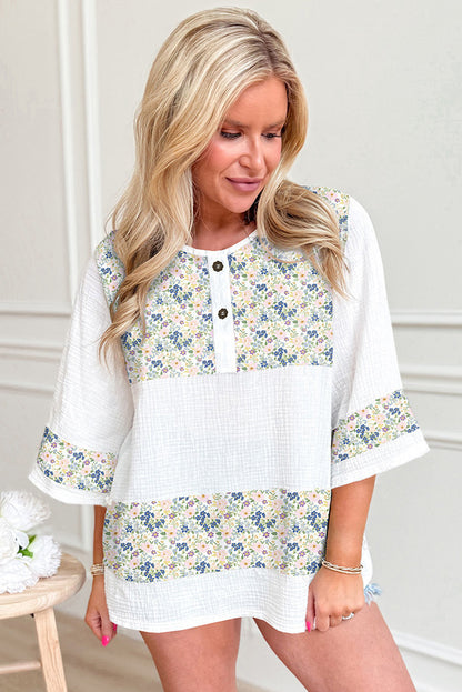 Sky Blue Floral Print Crinkle Patchwork Henley Blouse