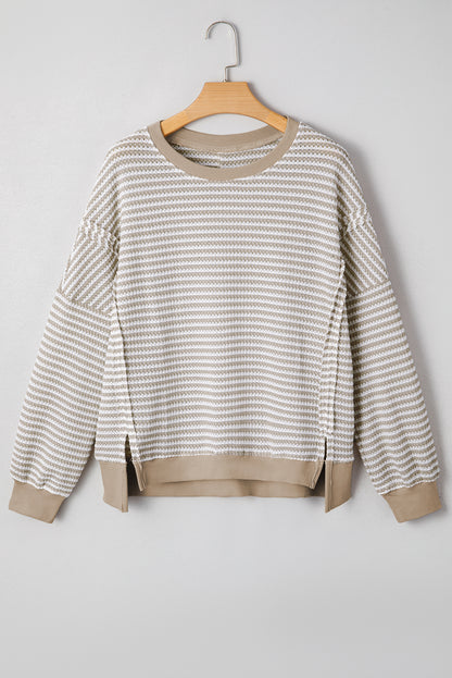Black Stripe Ribbed Trim Drop Shoulder Long Sleeve Oversized Top