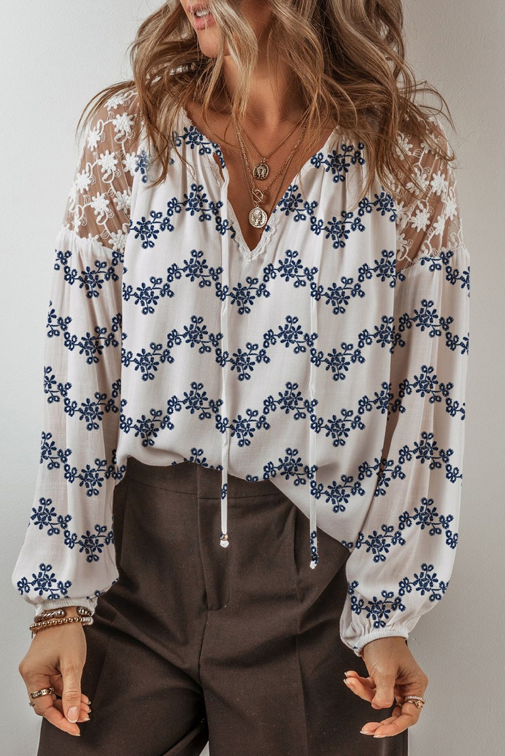 Blue Lace Patchwork Floral Bubble Sleeve V Split Neck Blouse