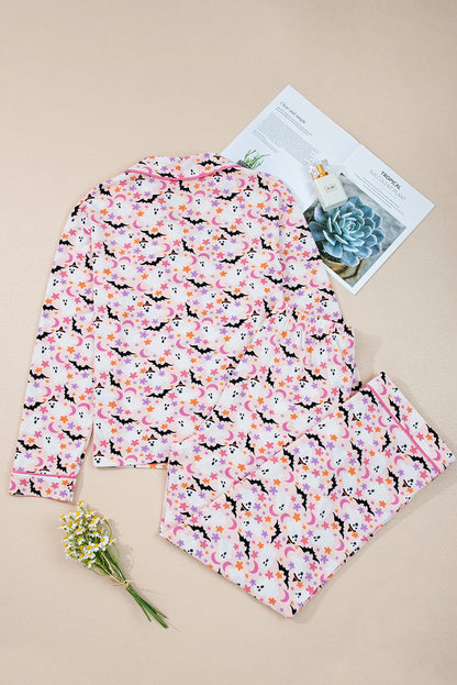 Pink Cute Floral Halloween Ghost Print Long Pajama Set