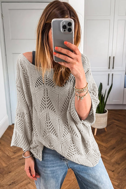 Navy Blue Hollow Out Knit 3/4 Sleeve Loose Sweater