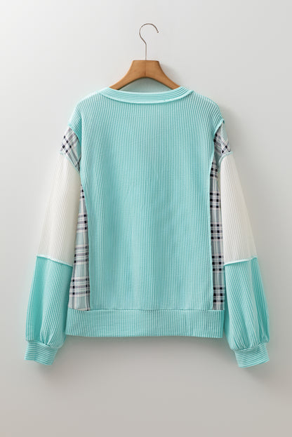 Rose Red Corded Texture Plaid Patchwork Split Neck Long Sleeve Top