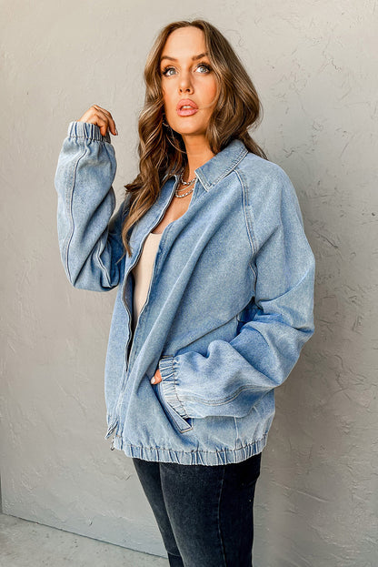 Myosotis Elastic Hem Collared Zip Up Denim Jacket