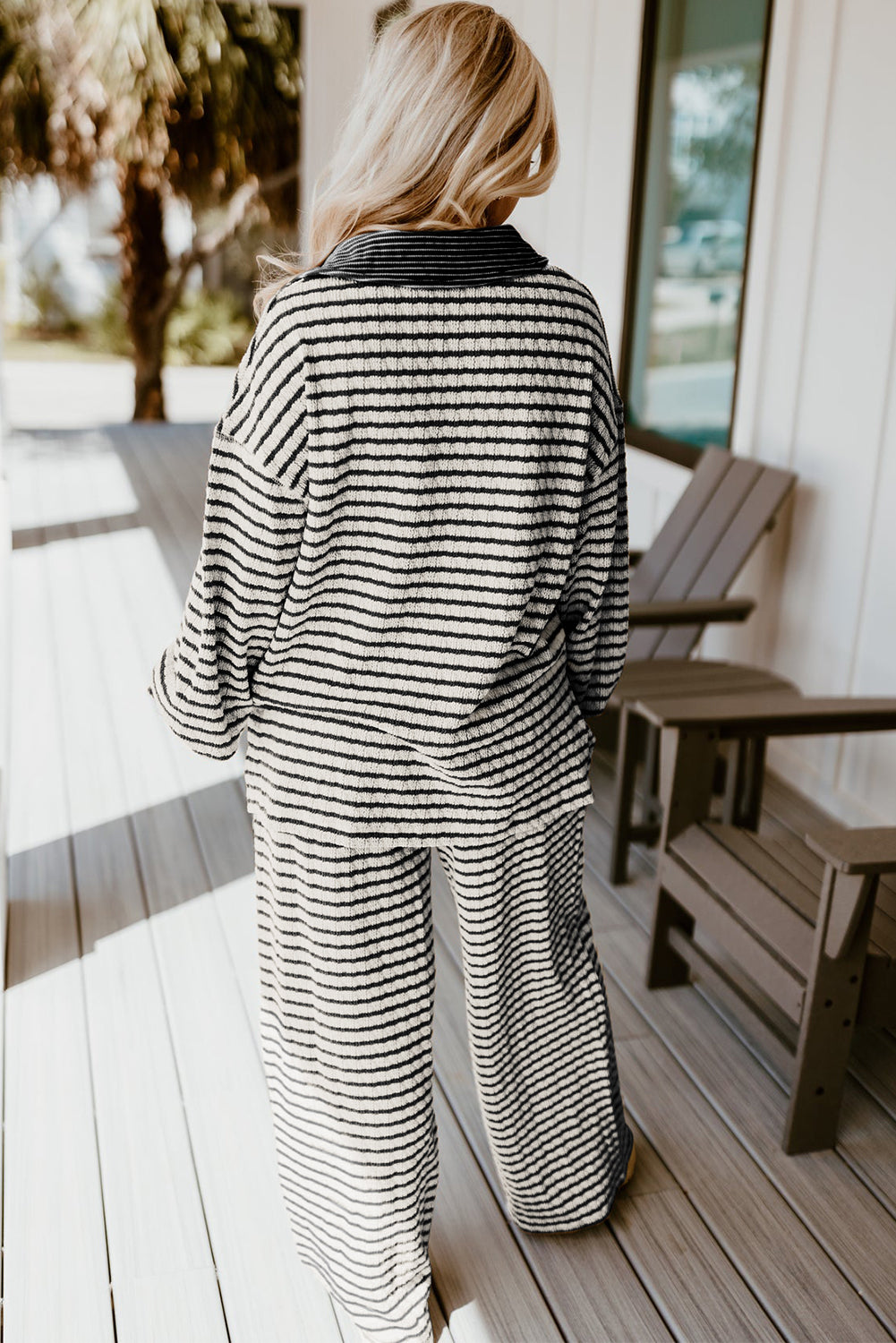 Sky Blue Stripe Textured Collared Pullover Top and Drawstring Pants Set