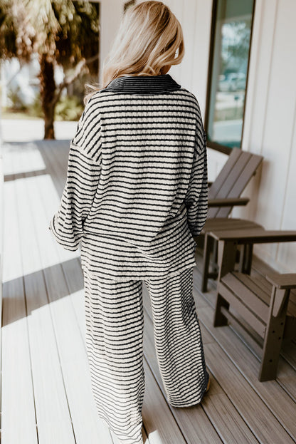 Sky Blue Stripe Textured Collared Pullover Top and Drawstring Pants Set