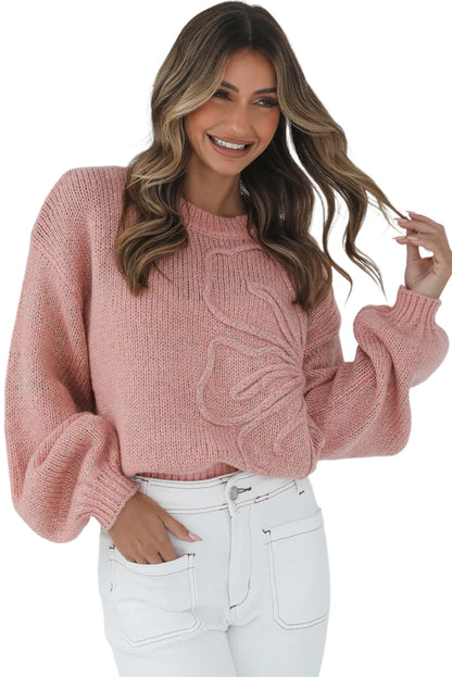 Peach Blossom Solid Color Big Flower Drop Shoulder Sweater