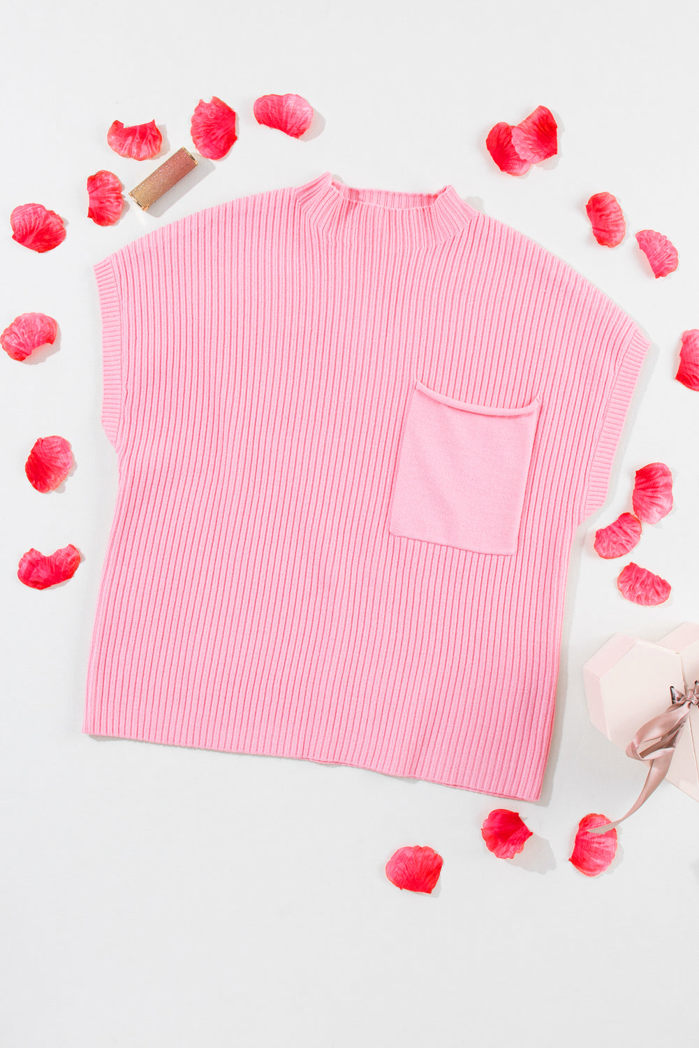 Dark Blue Patch Pocket Ribbed Knit Short Sleeve Sweater