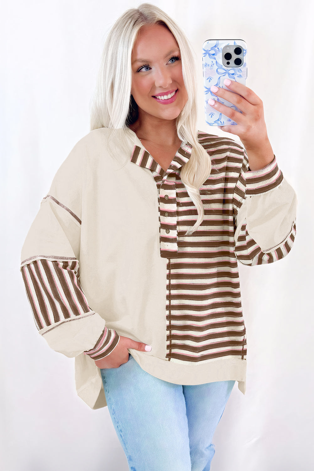 Pink Striped Patchwork Oversized Pullover Top