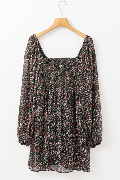 Green Ditsy Floral Print Sweetheart Neck Smocked Back Mini Dress