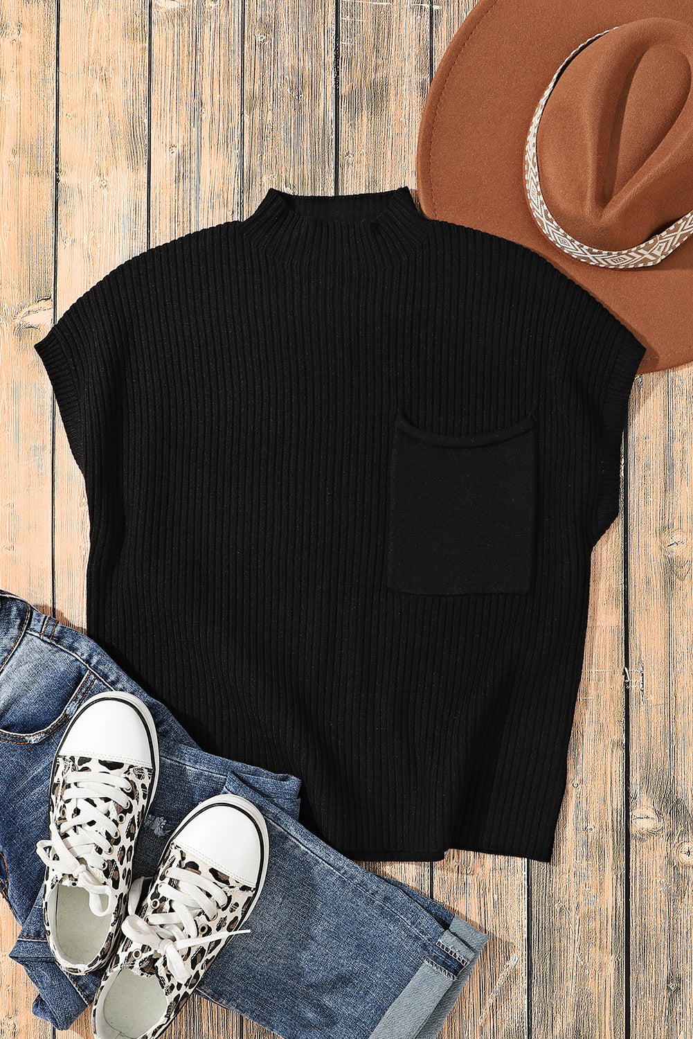 Dark Blue Patch Pocket Ribbed Knit Short Sleeve Sweater
