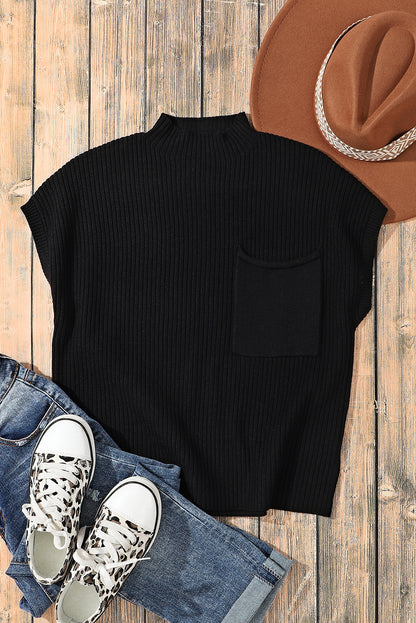 Dark Blue Patch Pocket Ribbed Knit Short Sleeve Sweater
