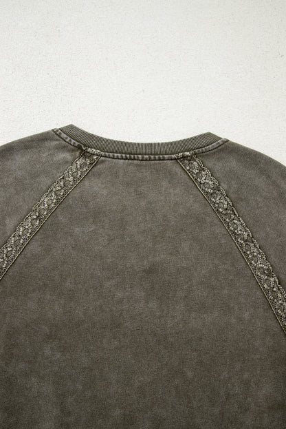 Jungle Green Lace Applique Notched Neck Mineral Wash Baggy Sweatshirt