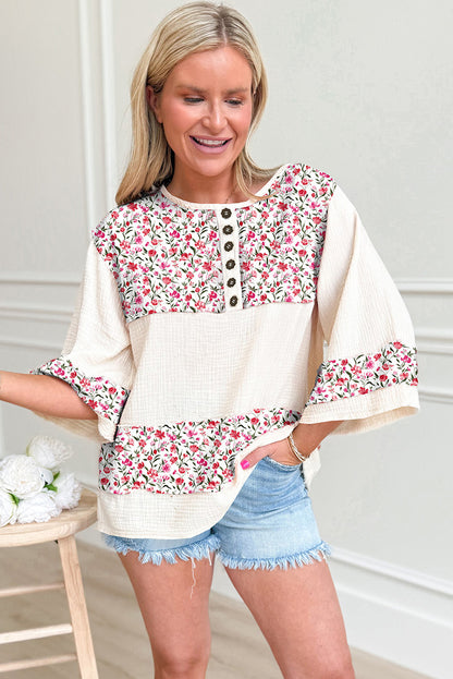 Sky Blue Floral Print Crinkle Patchwork Henley Blouse