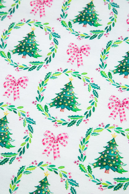 Green Bow Christmas Tree Print Contrast Striped Trim 2pcs Lounge Set