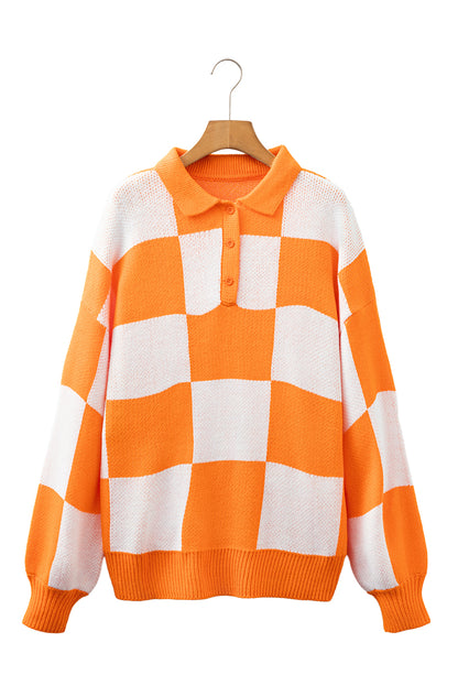 Light French Beige Checkered V-Neck Collared Pullover Sweater