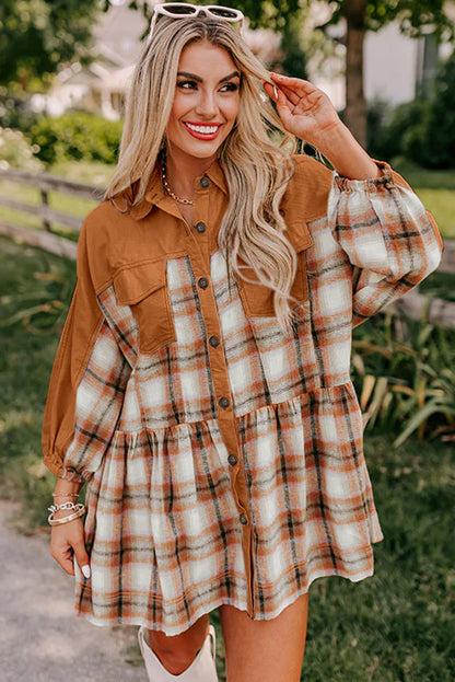 Khaki Plaid Colorblock Patchwork Ruffle Hem Tunic Shirt Dress