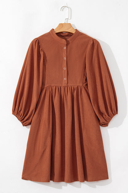 Gold Flame Light Snap Button Empire Waist Lantern Sleeve Corduroy Dress