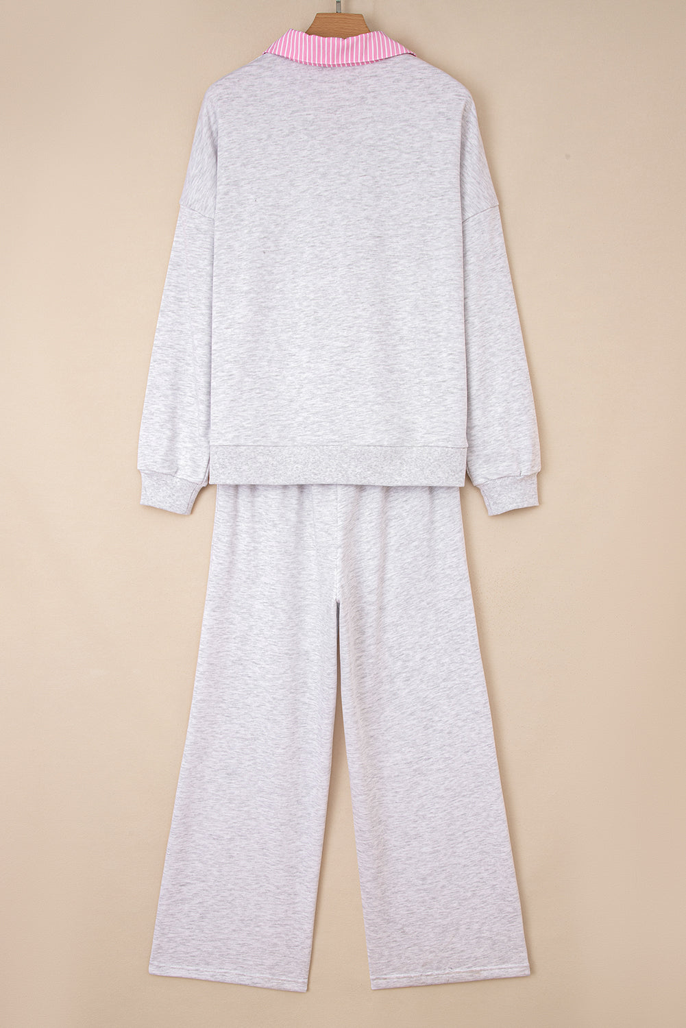 Light Grey Stripe Patchwork Loose Long Sleeve Top Drawstring Waist Pants Set