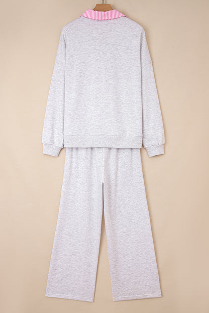 Light Grey Stripe Patchwork Loose Long Sleeve Top Drawstring Waist Pants Set