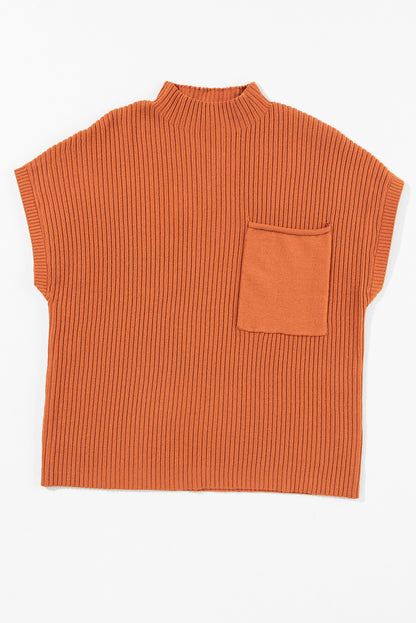 Dark Blue Patch Pocket Ribbed Knit Short Sleeve Sweater