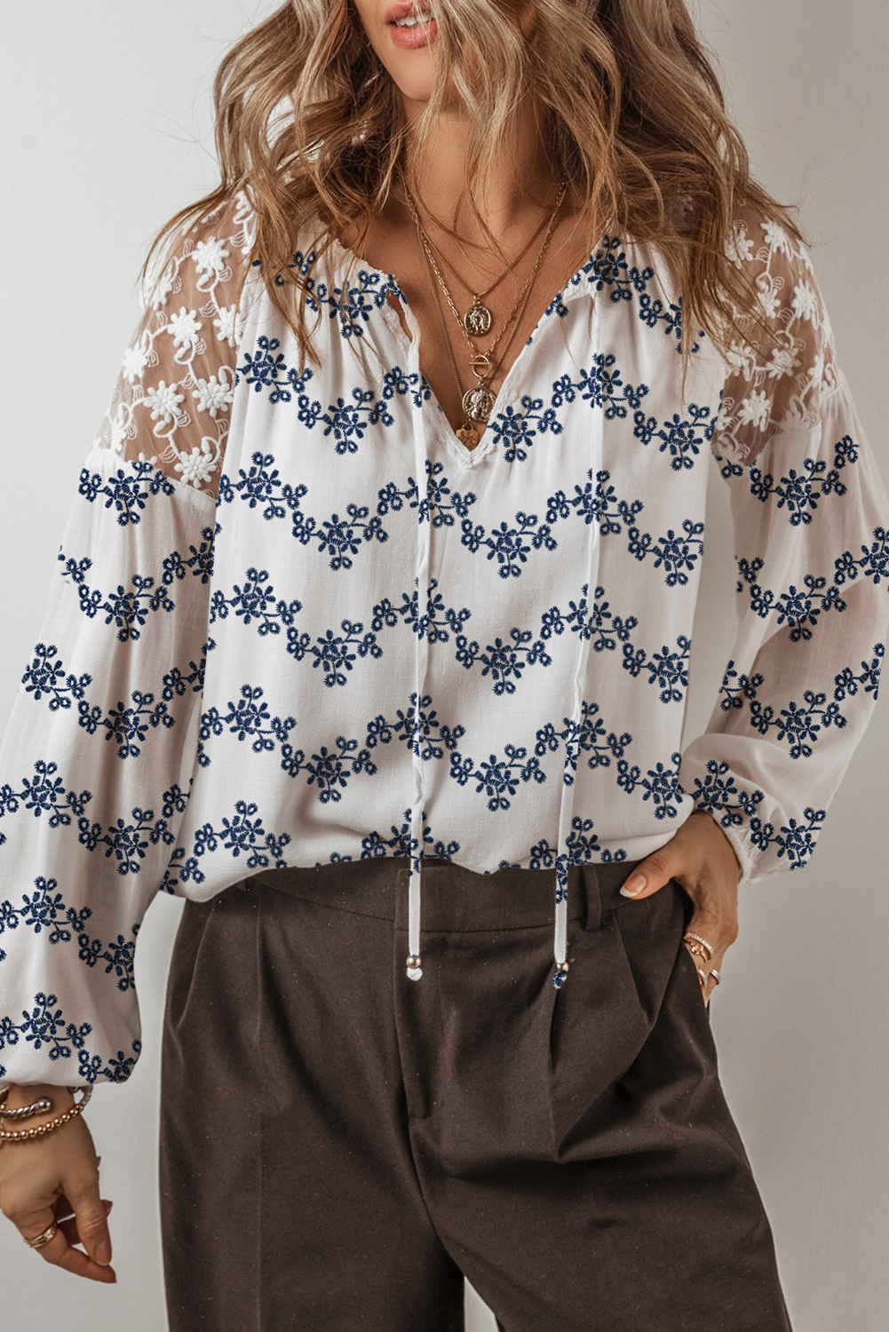 Blue Lace Patchwork Floral Bubble Sleeve V Split Neck Blouse