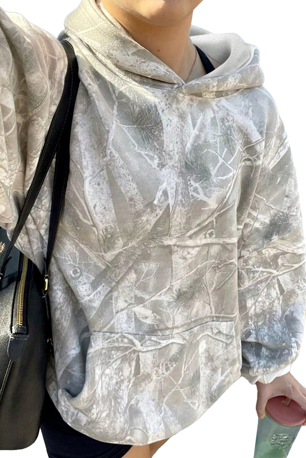 Gray Camouflage Maple Leaf Print Kangaroo Pocket Oversized Hoodie