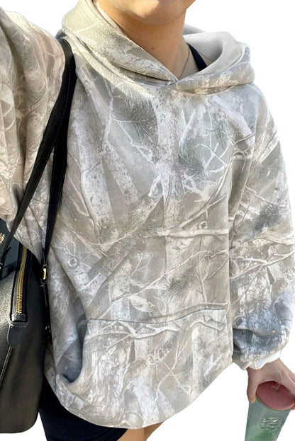 Gray Camouflage Maple Leaf Print Kangaroo Pocket Oversized Hoodie