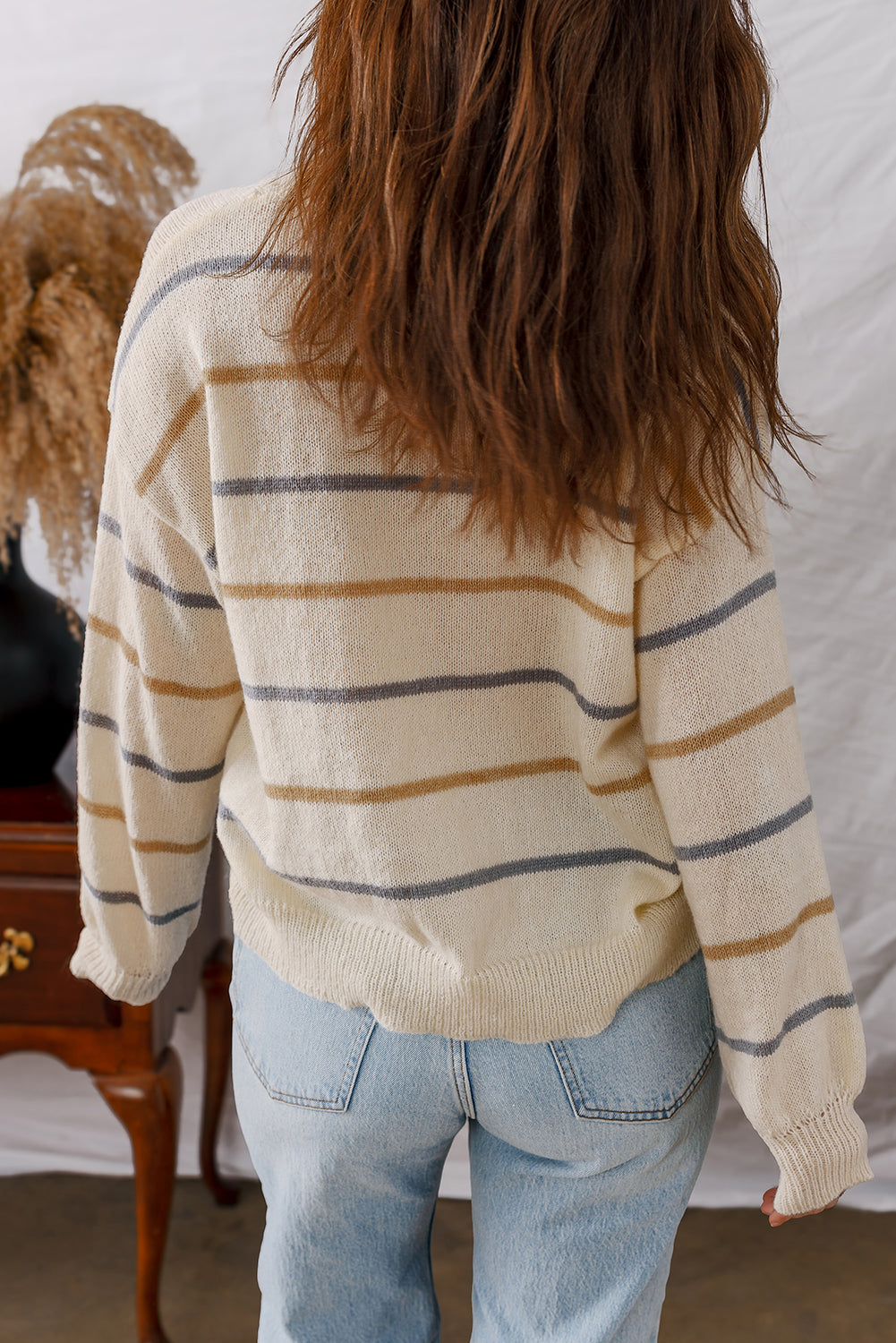 Multicolour Striped Buttoned Front V Neck Drop Shoulder Cardigan