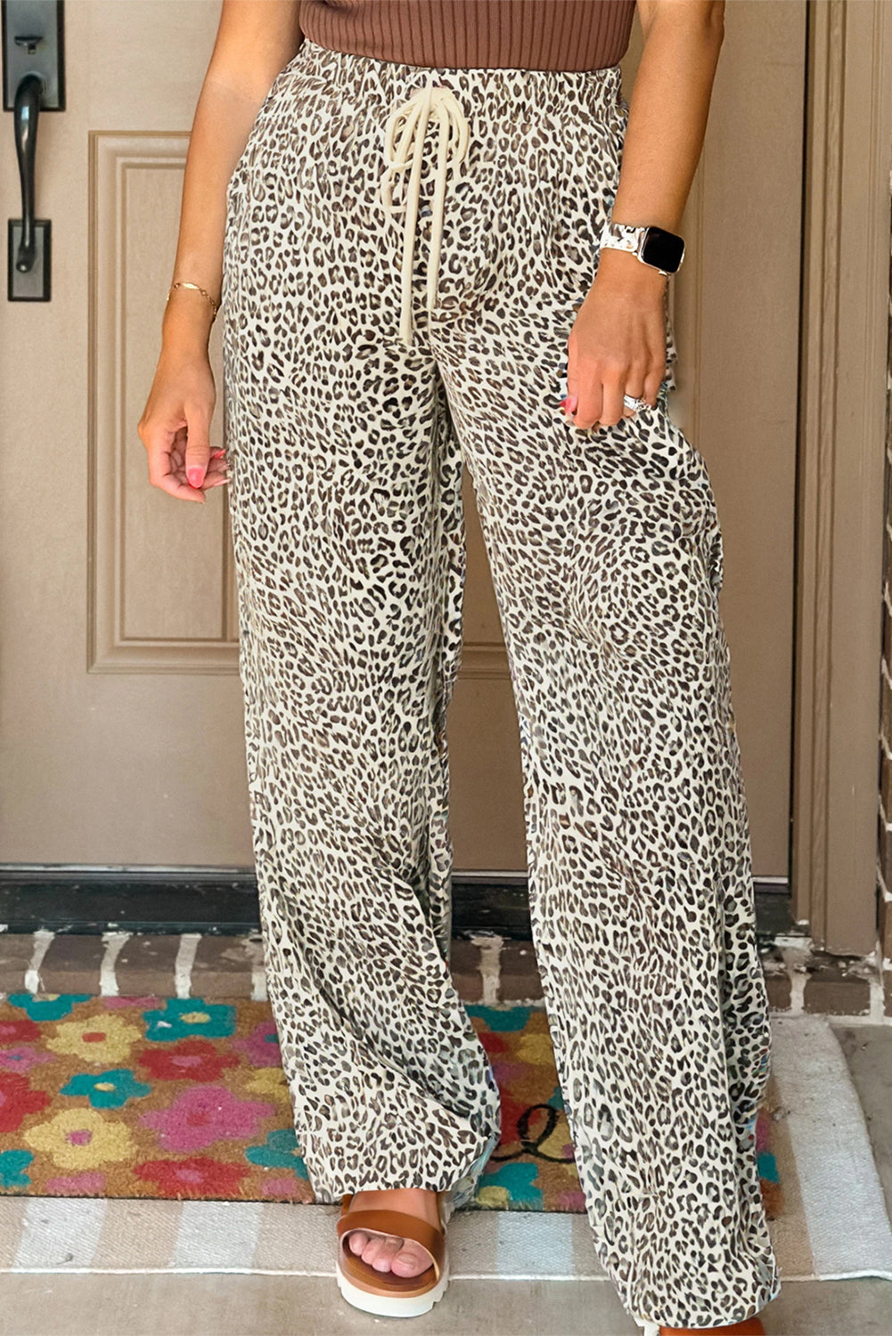 Khaki Leopard Drawstring Loose Pants