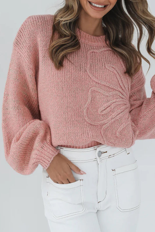 Peach Blossom Solid Color Big Flower Drop Shoulder Sweater