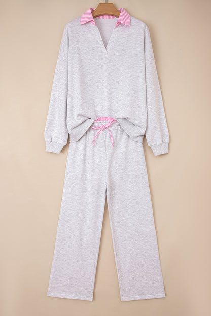 Light Grey Stripe Patchwork Loose Long Sleeve Top Drawstring Waist Pants Set