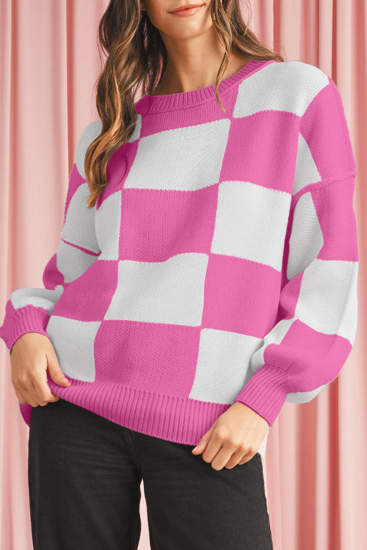 Dark Brown Plaid Bishop Sleeve Pullover Sweater