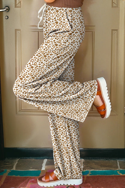 Khaki Leopard Drawstring Loose Pants