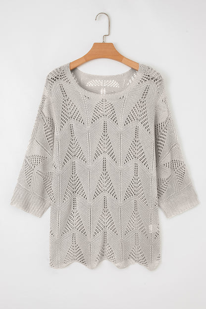 Navy Blue Hollow Out Knit 3/4 Sleeve Loose Sweater
