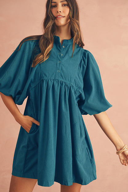 Gold Flame Light Snap Button Empire Waist Lantern Sleeve Corduroy Dress