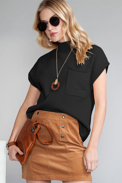 Dark Blue Patch Pocket Ribbed Knit Short Sleeve Sweater