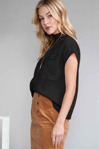 Dark Blue Patch Pocket Ribbed Knit Short Sleeve Sweater